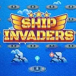 Un fundal albastru cu pietre și nave spațiale mici, având textul SHIP INVADERS în centru cu aripi și stele