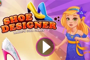Fată blondă în rochie albastră lângă imaginea unor pantofi colorați și titlul Shoe Designer