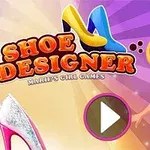 Fată blondă în rochie albastră lângă imaginea unor pantofi colorați și titlul Shoe Designer