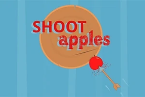 O săgeată străpunge un măr roșu aflat în fața unei ținte rotunde, având textul SHOOT apples deasupra