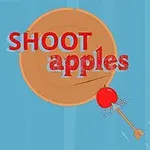 O săgeată străpunge un măr roșu aflat în fața unei ținte rotunde, având textul SHOOT apples deasupra