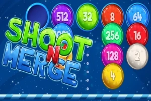 Bile colorate cu numere și textul „SHOOT N MERGE” pe un fundal albastru