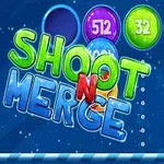 Bile colorate cu numere și textul „SHOOT N MERGE” pe un fundal albastru
