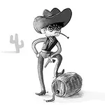 Cowboy desenat în alb-negru, cu pălărie mare, ținând un pistol și un cactus în fundal