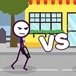 Două personaje stilizate se confruntă într-o ilustrație pe o stradă cu un magazin galben în fundal, având între ele literele „VS”