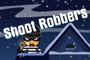 Un personaj cu mască și bluză în dungi, ținând o armă, stă pe acoperișul unei clădiri sub un cer înstelat, cu textul Shoot Robbers deasupra