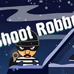 Un personaj cu mască și bluză în dungi, ținând o armă, stă pe acoperișul unei clădiri sub un cer înstelat, cu textul Shoot Robbers deasupra