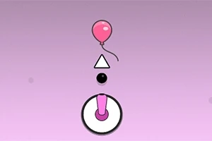 Un balon roz deasupra unei săgeți, a unei bile și a unui cerc cu un mâner roz pe un fundal mov