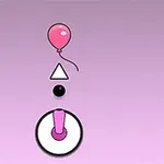 Un balon roz deasupra unei săgeți, a unei bile și a unui cerc cu un mâner roz pe un fundal mov