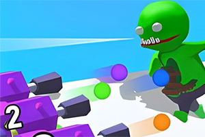 Un personaj verde cu aspect cartoon ține o minge colorată în mână și se află lângă mai multe pistoale violet și mingi colorate pe un fundal albastru deschis