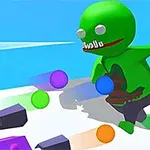 Un personaj verde cu aspect cartoon ține o minge colorată în mână și se află lângă mai multe pistoale violet și mingi colorate pe un fundal albastru deschis