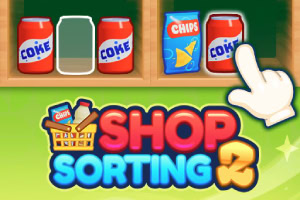 Doze de suc și pungi de chipsuri pe un raft, cu un coș de cumpărături și text colorat Shop Sorting 2 în prim-plan