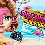 Fată cu mască facială roz și aparat foto în mână, pe fundal cu plajă, avion și bilet de avion cu inscripția Shopaholic Maldives