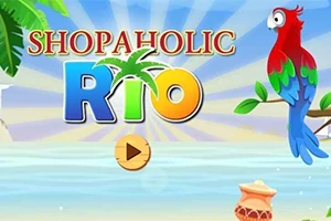 Un fundal tropical cu un papagal colorat pe o ramură și textul Shopaholic Rio cu un simbol de joacă în fața unui cer senin