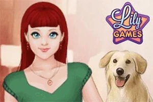 Fată cu păr roșcat lângă un câine auriu, cu un logo colorat în colțul din dreapta sus