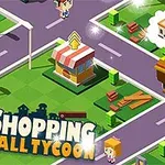 Personaje stilizate în formă de blocuri se deplasează într-un peisaj urban colorat, cu drumuri și clădiri mici, cu titlul Shopping Mall Tycoon afișat