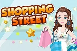 O femeie cu părul lung și maro, ținând pungi de cumpărături colorate, lângă textul Shopping Street, înconjurată de stele și monede aurii pe un fundal albastru deschis