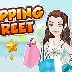 O femeie cu părul lung și maro, ținând pungi de cumpărături colorate, lângă textul Shopping Street, înconjurată de stele și monede aurii pe un fundal albastru deschis