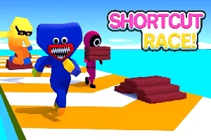 Personaje colorate care aleargă pe un traseu cu plăci în timp ce poartă pachete, cu textul Shortcut Race!