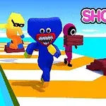 Personaje colorate care aleargă pe un traseu cu plăci în timp ce poartă pachete, cu textul Shortcut Race!