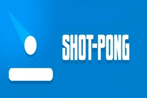 Text alb SHOT-PONG pe un fundal albastru, alături de o minge albă și o linie orizontală albă