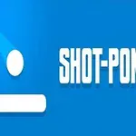 Text alb SHOT-PONG pe un fundal albastru, alături de o minge albă și o linie orizontală albă