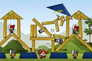 Scene cu personaje de desene animate purtând pălării de pirat, într-o structura din lemn în formă de casă, pe fundal montan