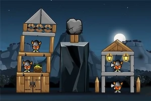 Personaje cu căști vikinge stau pe structuri din lemn și piatră sub un cer nocturn cu lună plină