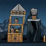 Personaje cu căști vikinge stau pe structuri din lemn și piatră sub un cer nocturn cu lună plină