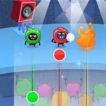 Personaje animate colorate stau pe o scenă sub reflectoare, cu două boxe mari în fundal și forme colorate pe ecran
