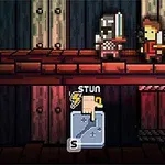 Doi cavaleri pixel art se confruntă cu săbii pe o platformă din lemn, iar în partea de jos apare o reprezentare grafică a unei acțiuni de joc