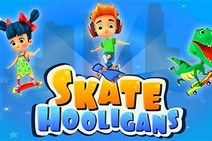 Trei personaje animate, un băiat cu skateboard, o fetiță și un dinozaur verde pe fundal albastru, cu textul Skate Hooligans în centrul imaginii