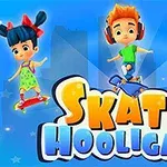 Trei personaje animate, un băiat cu skateboard, o fetiță și un dinozaur verde pe fundal albastru, cu textul Skate Hooligans în centrul imaginii
