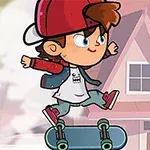 Un personaj animat sare pe un skateboard în fața unei case, purtând o șapcă roșie și o jachetă