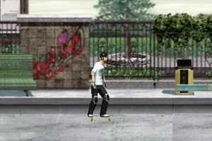 Un tânăr pe skateboard trece printr-un parc cu graffiti, mobilier urban și vegetație în fundal