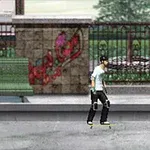 Un tânăr pe skateboard trece printr-un parc cu graffiti, mobilier urban și vegetație în fundal