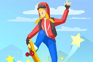 O persoană stilizată, îmbrăcată într-o hanorac roșu, feăcând trucuri pe skateboard, cu fundal albastru și stele galbene