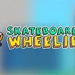 Un personaj animat pe skateboard, purtând o șapcă și ochelari de soare, alături de textul SKATEBOARD WHEELIE