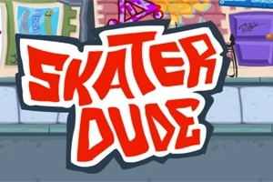 Un logo roșu și alb cu textul Skater Dude pe un fundal urban cu ziduri decorate și trotuar
