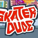 Un logo roșu și alb cu textul Skater Dude pe un fundal urban cu ziduri decorate și trotuar