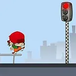 Un personaj animat pe skateboard, purtând o șapcă roșie, alături de un semafor cu lumina roșie aprinsă într-un peisaj urban