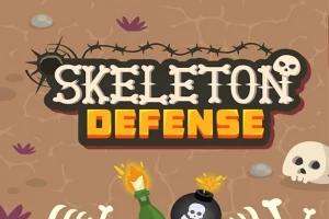 Textul Skeleton Defense înconjurat de sârmă ghimpată, alături de un craniu, un cocktail Molotov și o bombă pe fundal de pământ