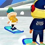 Două personaje animate pe snowboard într-un peisaj de iarnă, cu unul purtând căști mari și o geacă cu inscripția DANGER STOP