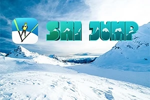 Peisaj montan acoperit de zăpadă cu cer albastru, având în stânga sus un logo cu un schior și textul Ski Jump