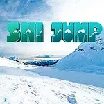 Peisaj montan acoperit de zăpadă cu cer albastru, având în stânga sus un logo cu un schior și textul Ski Jump