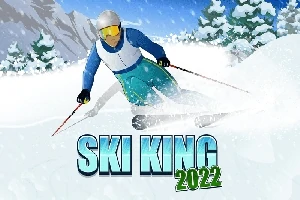 Un schior coborând pe o pârtie de zăpadă, înconjurat de munți și copaci, cu textul Ski King 2022 în prim-plan