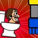 Bărbat caricatural cu barbă ieșind dintr-un closet, alături de un braț stilizat în culori vibrante, pe fundal roșu cu raze albe