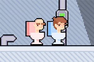 Două personaje pixelate stau pe toalete roz și albastre într-un mediu stilizat digital