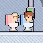 Două personaje pixelate stau pe toalete roz și albastre într-un mediu stilizat digital