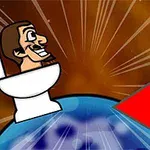 Un personaj desenat stă pe un vas de toaletă pe un glob pământesc, cu o săgeată roșie îndreptată spre planetă și fundal luminos